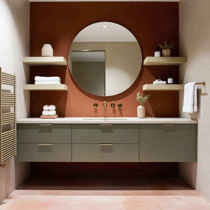 a bathroom with a sink, mirror and shelving units on the wall above it