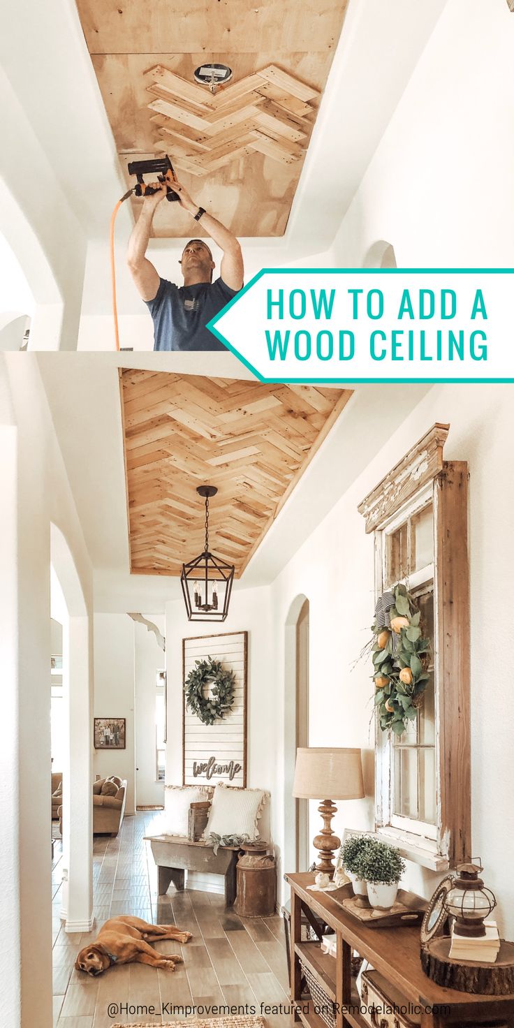 a man is using a wood ceiling to install the wooden paneling in his home