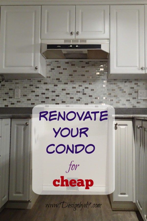 a sign that reads renovate your condo for cheap in front of white kitchen cabinets