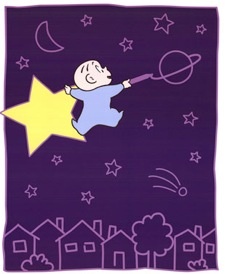 a child is flying on a star with a wand in the night sky and stars all around