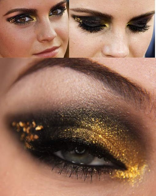 I'm not one for the black eye, but I love this!! Emma Watson Eyeshadow Look Black And Gold Eyeshadow, Color Guard Makeup, Golden Eye Makeup, Bronze Smokey Eye, Black Eye Makeup, Gold Eye Makeup, Black Eyeshadow, Gold Eyeshadow, Gold Makeup