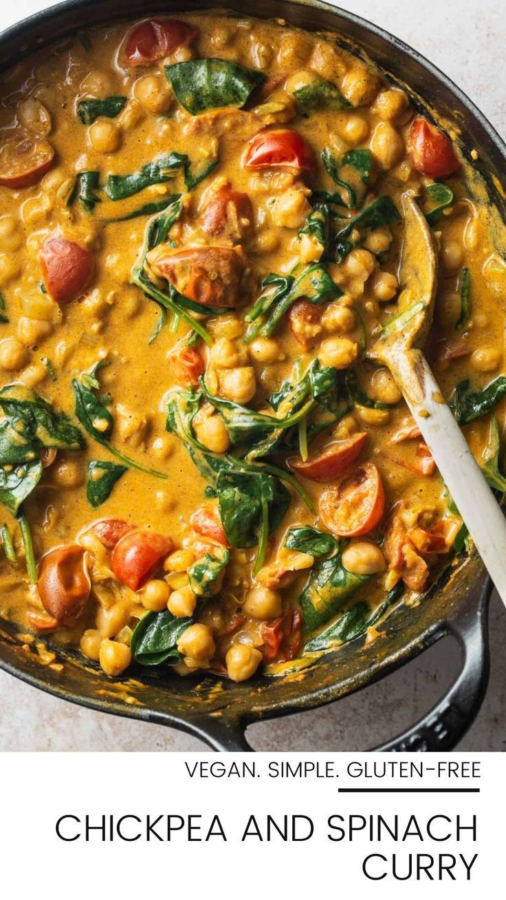 A pot of chickpea curry. Chickpeas And Spinach, Chickpea And Spinach, Chickpea Spinach, Chickpea And Spinach Curry, Spinach Curry, Vegan Curry, Chickpea Recipes, Chickpea Curry, Spinach Recipes