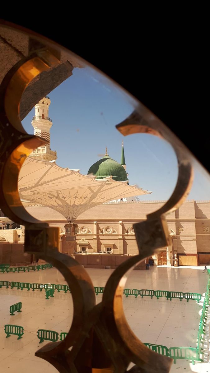 the reflection of a building in a mirror