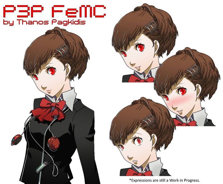 an anime character with red eyes wearing a black suit and bow tie, in four different poses