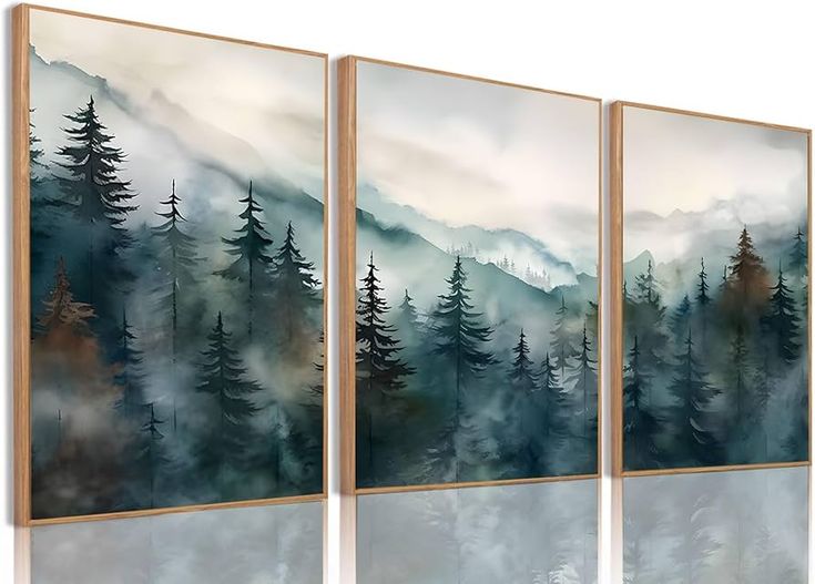 three paintings with trees and mountains in the background