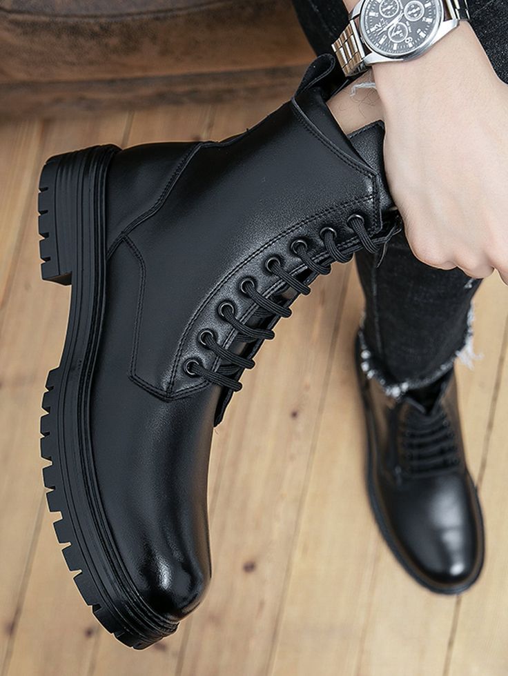 Black     Plain  Embellished   Men Shoes Black High Ankle Martin Boots For Business, Fall Casual Combat Boots, Black Plain Toe Martin Boots For Fall, Casual Combat Boots With Plain Toe For Business, Fall Black Plain Toe Martin Boots, Boots Men Outfit, Punk Style Outfits, Boots Outfit Men, Black Boots Outfit