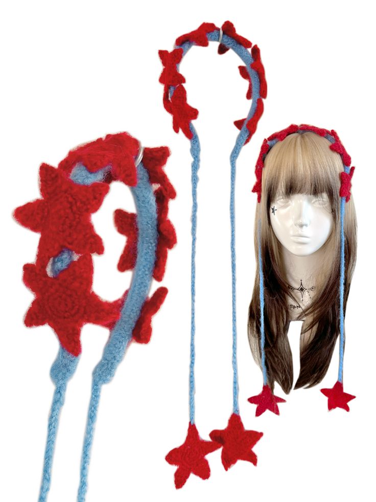 two wigs with red and blue decorations attached to each other, one is wearing a headband