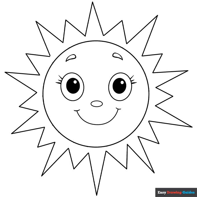 a cartoon sun with big eyes coloring pages for kids, printable and easy to color