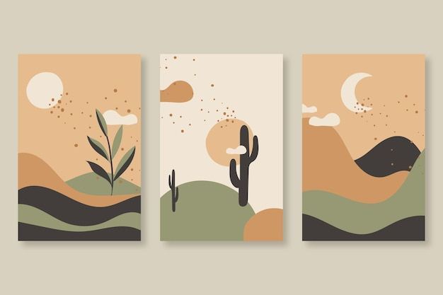 three paintings with cactuses and mountains in the background