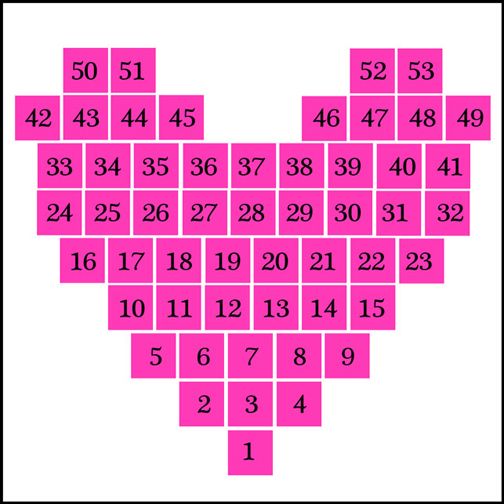 a heart made up of pink squares with numbers on them in the shape of a heart