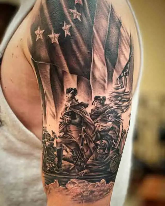 a man's arm with an american flag and two men riding on motorcycles in front of