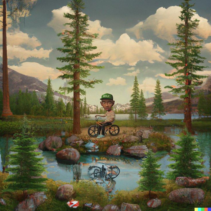 a painting of a man on a bicycle riding over a small lake surrounded by trees