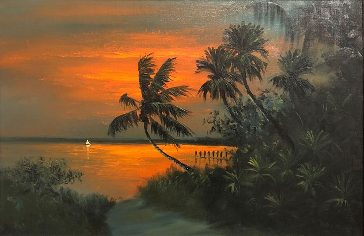 an oil painting of palm trees and the ocean at sunset with a sailboat in the distance