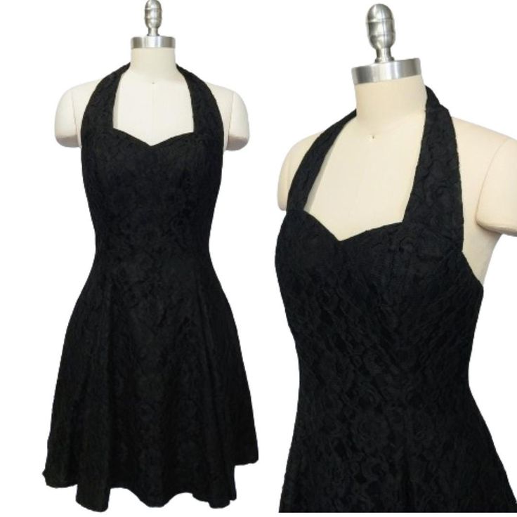 Vintage 1980s Positively Ellen black lace open back halter dress with sweetheart neckline and tulle underskirt. Vintage Talon zipper. Union made in USA. Marked size 10, see measurements for best modern fit. As a vintage piece, may show signs of normal wear and use consistent with age. In gently preowned condition, no flaws noted.  Measurements are approximate, lying flat.  16" Bust pit to pit 14.5" Across the waist 35" Length shoulder to hem Black Dresses Hoco, Fitted Halter Dress With Back Zipper For Evening, Evening Fitted Halter Dress With Back Zipper, Fitted Halter Dress With Sweetheart Neckline, Fitted Halter Dress For Prom Season, Fitted Halter Dress With Back Zipper For Party, Black Sleeveless Halter Dress For Wedding, Black Sleeveless Halter Wedding Dress, Coquette Style Lined Party Dress