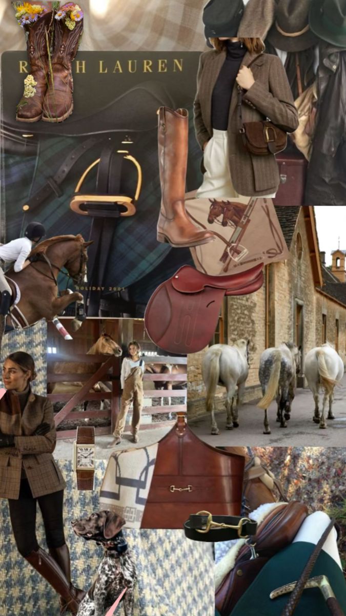 a collage of photos with horses, people and purses on display in front of a building