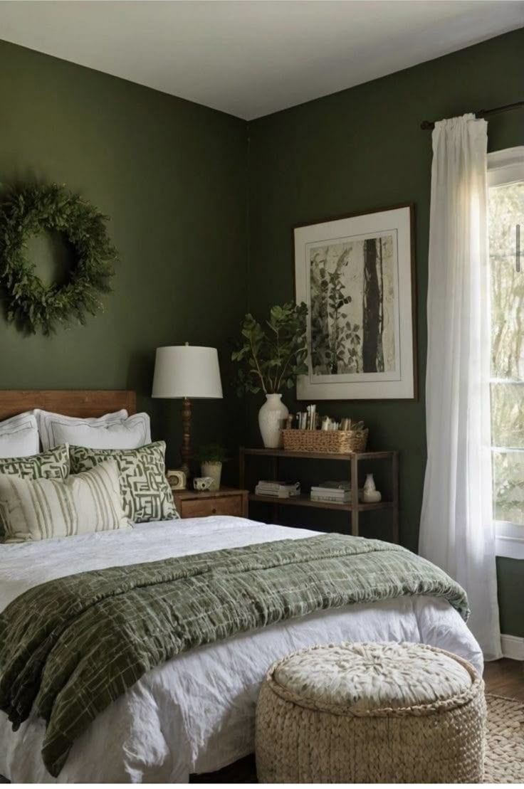 a bedroom with green walls and white linens on the bed, along with an ottoman