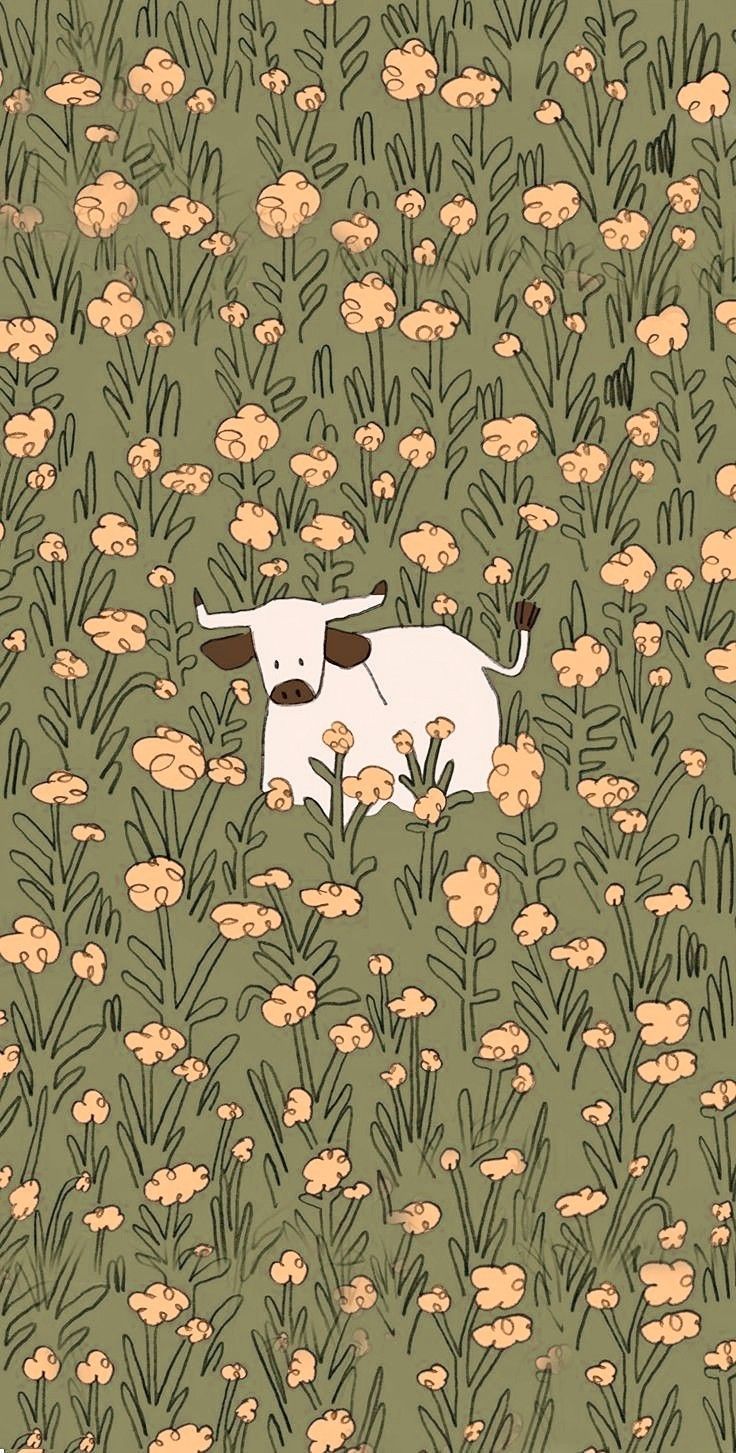 a cow laying in the middle of a field of flowers