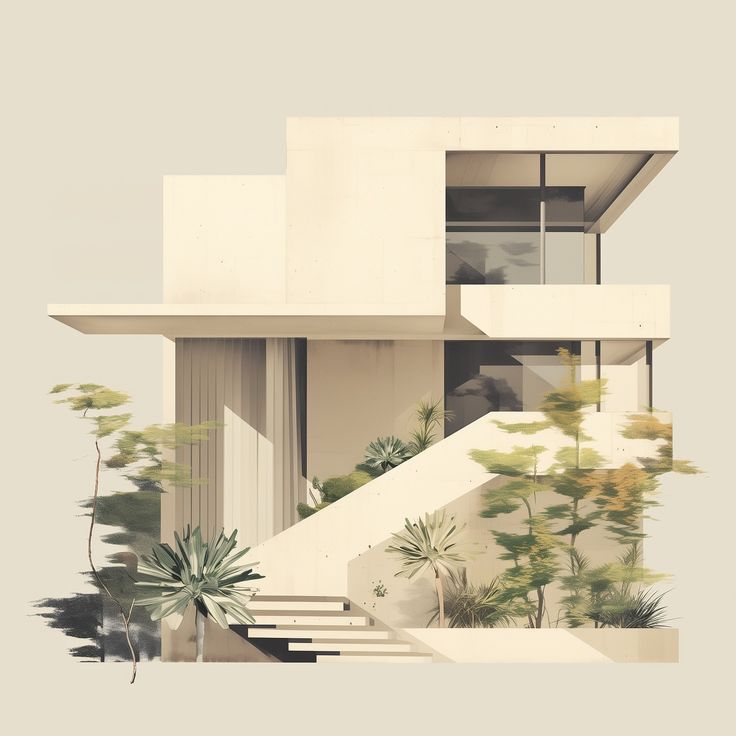 an abstract photo of a house with stairs and trees