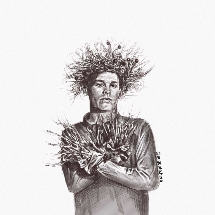 a black and white drawing of a man with flowers on his head, standing in front of a white background