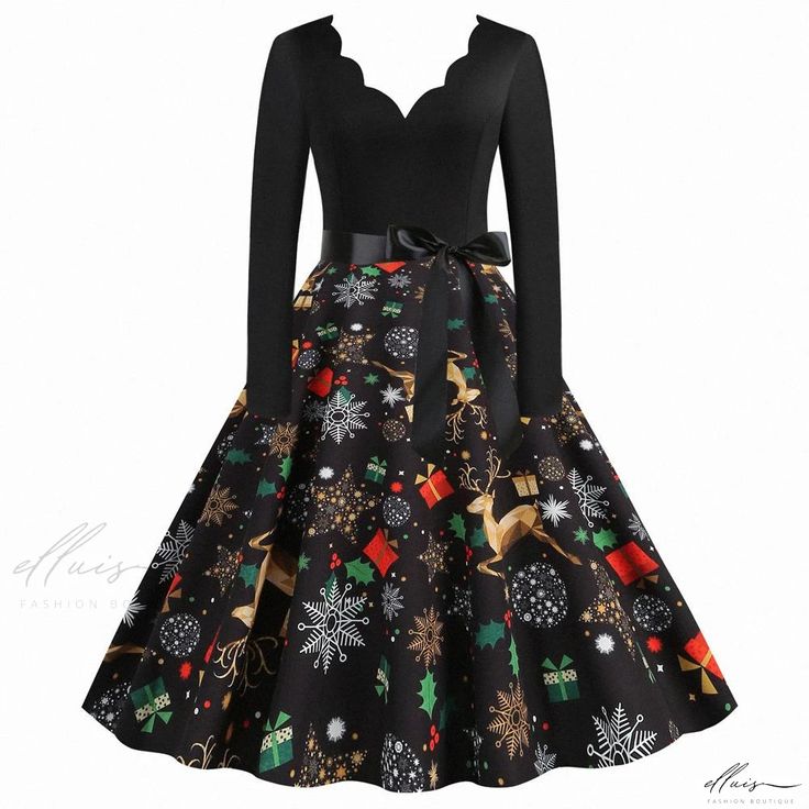 Elluis - Elegant Christmas A-line Dress with Exquisite Floral Print and Flattering Silhouette Christmas Fancy Dress, Plus Size Elegant Dresses, Wrap Dress Midi, Christmas Dress Women, Red Sequin Dress, Christmas Dresses, Womens Wrap Dress, V Neck Cocktail Dress, Christmas Outfits Women