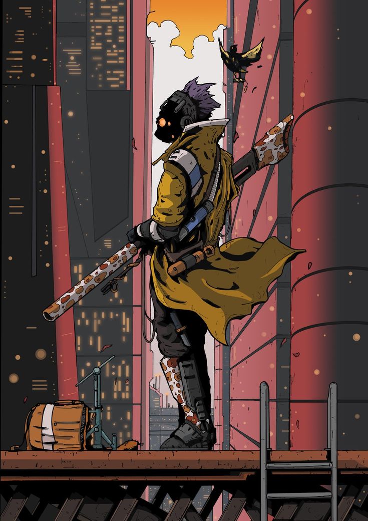 a man in a yellow jacket holding two swords on top of a building with birds flying around