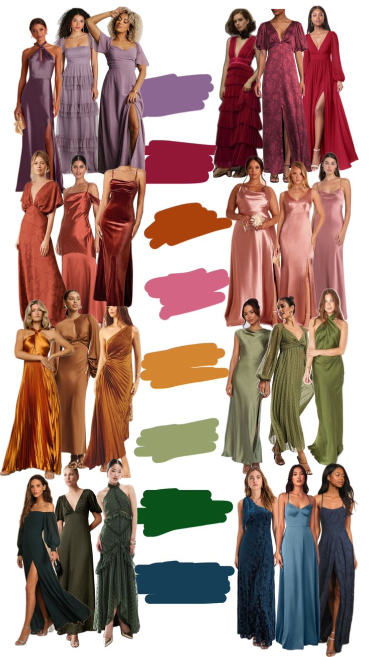 several different dresses are shown in multiple colors