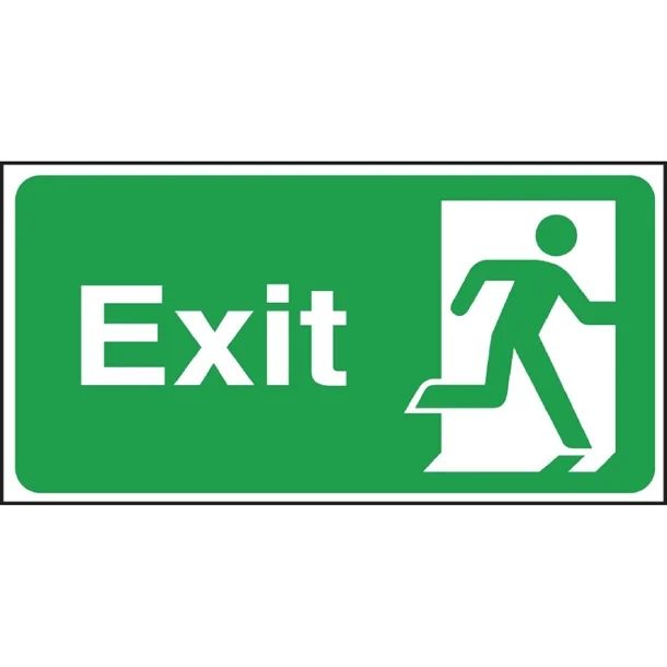 an exit sign is shown with the man walking up it's left hand side