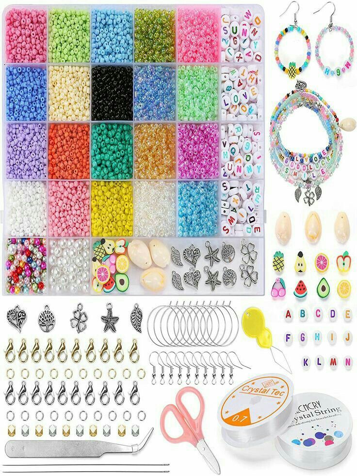 the kit includes beads, bracelets, and other crafting supplies for kids to make