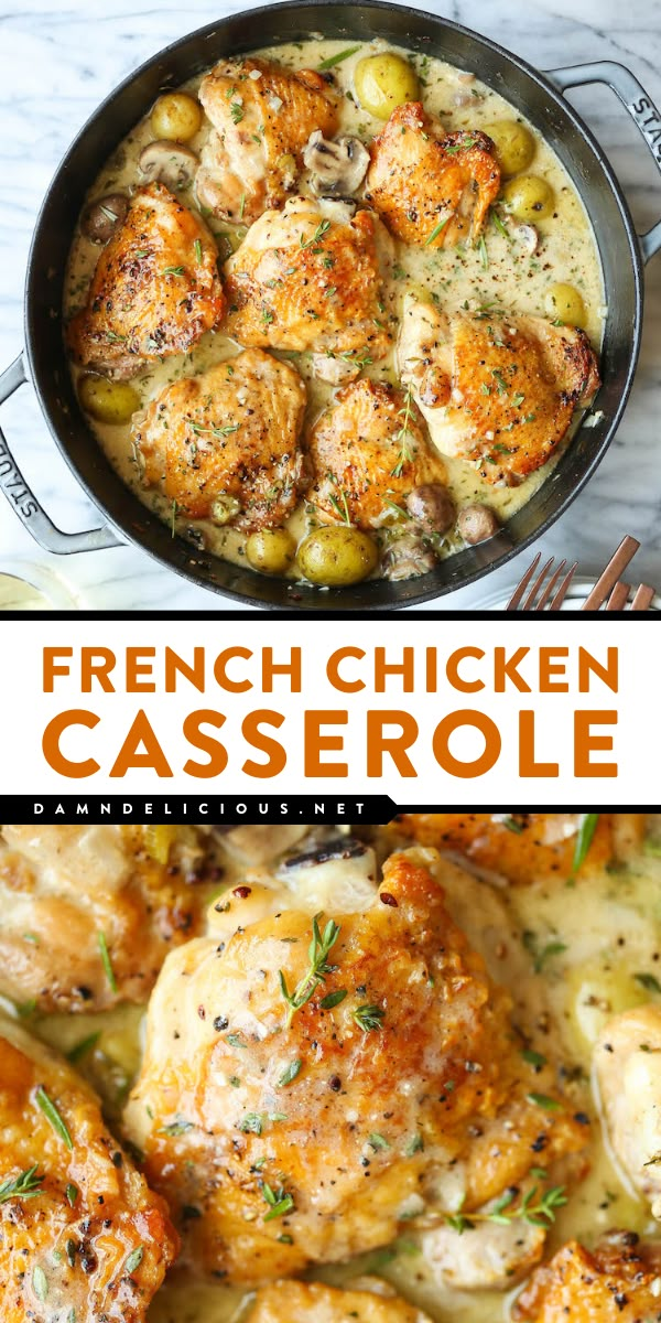 Looking for simple family meals? Here's a chicken dinner recipe! Cooked in a white wine sauce with potatoes, mushrooms, and herbs, this easy French chicken casserole is so cozy and wholesome! French Chicken Casserole, French Chicken, Brown Chicken, Chicken Casserole Recipe, Makanan Diet, Chicken Dishes Recipes, Healthy Easy, Dinner Idea, Chicken Casserole