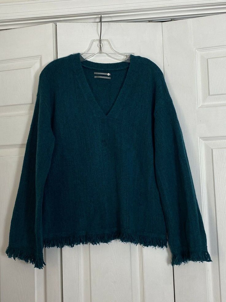 Anthropologie Size Medium Joy Fringed V-Neck Women’s Pullover Sweater Dark Teal. V neckline Long sleeves Fringe on bottom hem and cuffs Very good condition with minor wear on fringe Pet and smoke free home Please email with any questions 1812 Dark Teal Clothes, Teal Clothes, Teal Outfits, Teal Sweater, Distressed Tee, Teal Top, Neck Women, Dark Teal, Silk Satin