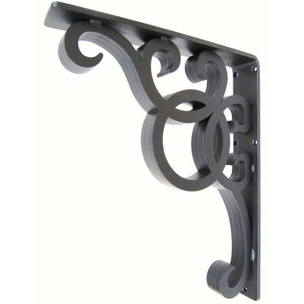 an iron shelf bracket with decorative designs on it's sides and the letter o