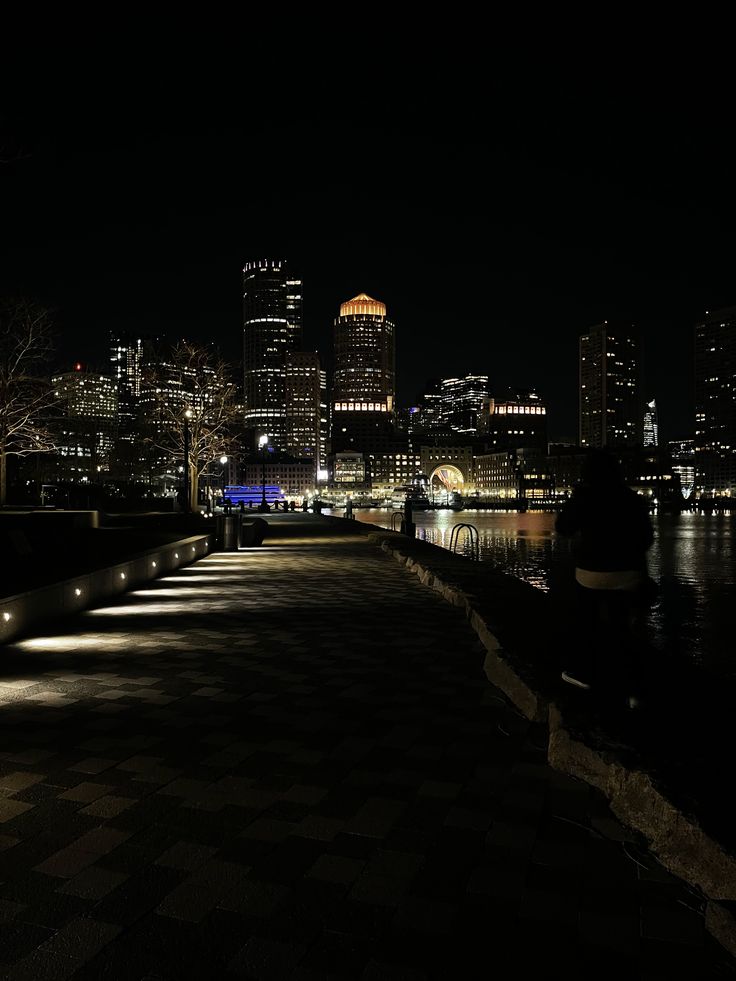 the city skyline is lit up at night, with lights reflecting off the water and buildings in the background