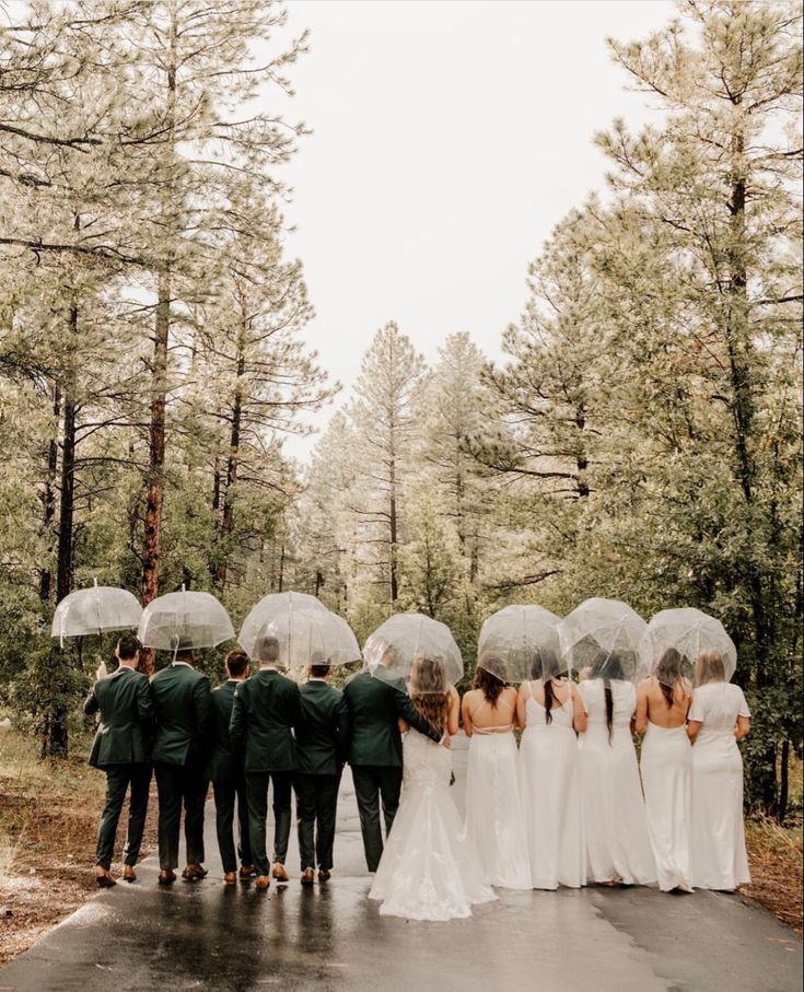 a group of people standing in the rain with umbrellas over their heads and back