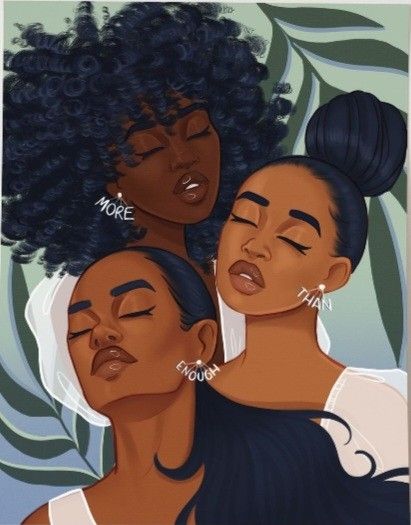 three black women with their eyes closed and the words, april written on them