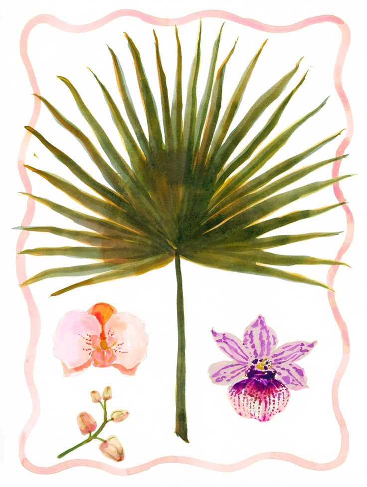 a painting of a palm tree with flowers and leaves in the foreground, on a white background