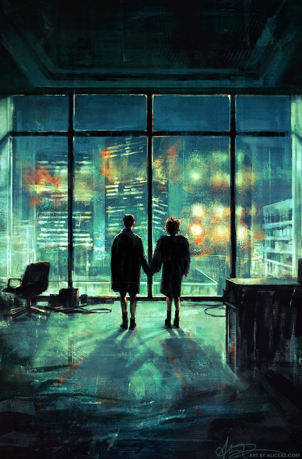 two people are standing in front of a window looking out on the city at night