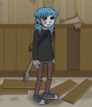 a cartoon character with blue hair standing in front of wooden planks on the floor