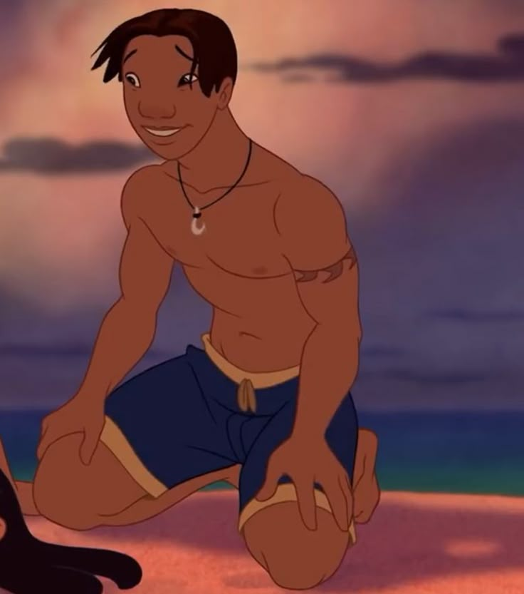 an animated man kneeling down on the beach