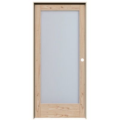 a wooden door with frosted glass on the top and bottom panel, in light wood