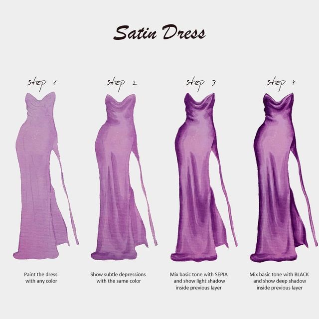 the different types of dresses are shown in purple