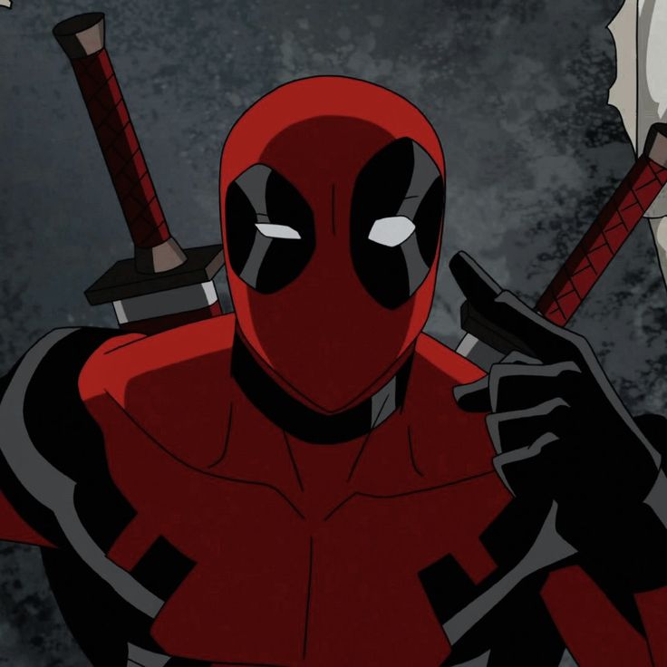 a deadpool character with two swords in his hands and one hand on his shoulder