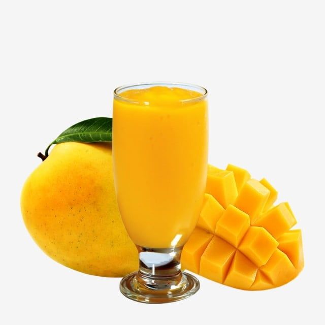 a glass of orange juice next to some mangos and a piece of fruit on a white background