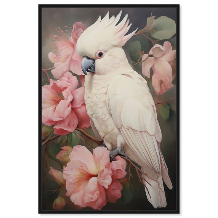 a white cockatoo perched on a branch with pink flowers