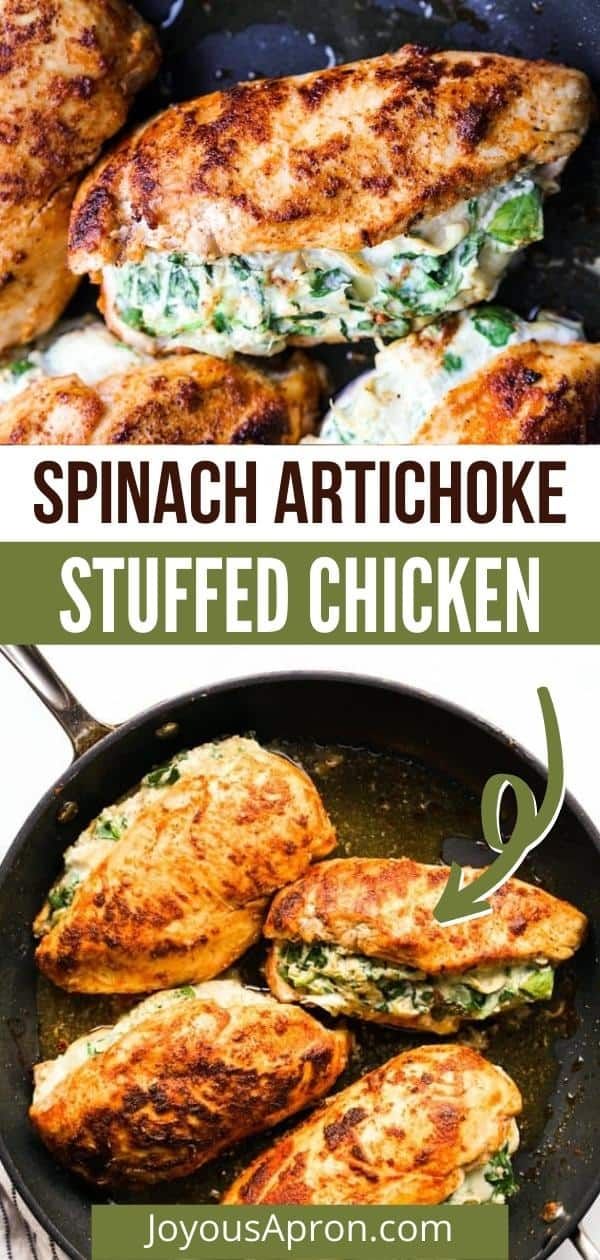 spinach artichoke stuffed chicken in a cast iron skillet with text overlay that says spinach artichoke stuffed chicken