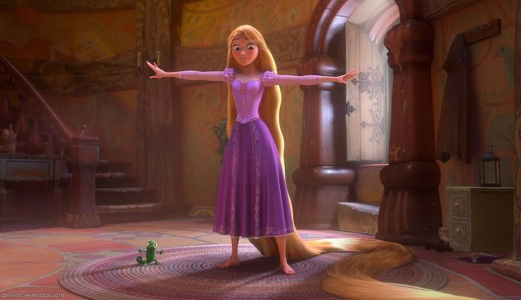 the princess from tangled in purple is standing on a rug with her arms outstretched out