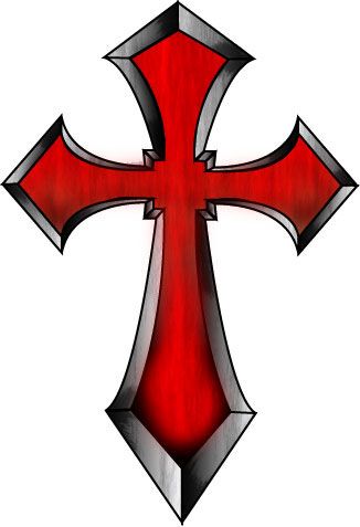 a red and black cross with silver accents on the bottom, is shown against a white background