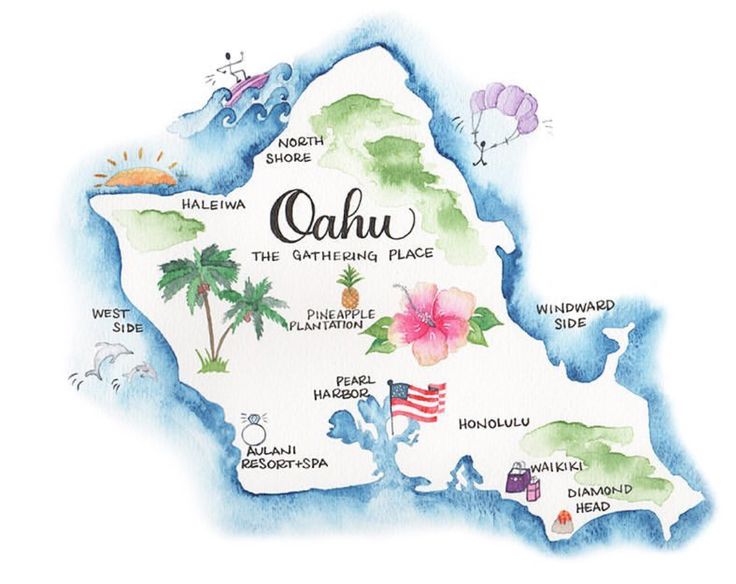 a watercolor map of the state of hawaii with all its capital and major cities