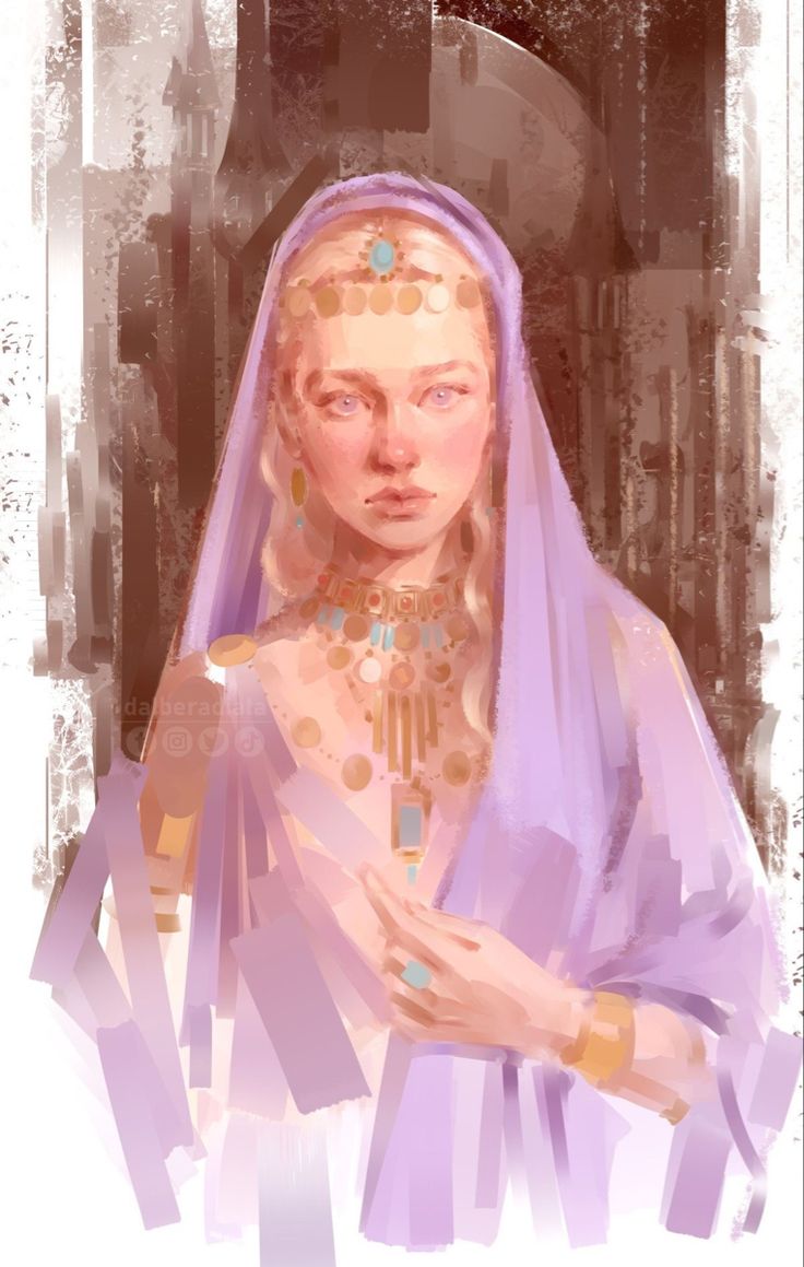 a digital painting of a woman wearing a veil and holding her hand out to the side