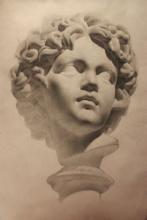 a pencil drawing of a bust of a woman with curly hair and curls on her head