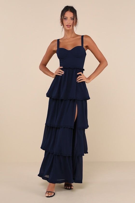 Sophisticated Occasion Navy Blue Bustier Lace-Up Maxi Dress Long Blue Formal Dresses, Navy And Light Blue Bridesmaid Dresses, Cute Long Dresses Formal, Dark Dusty Blue Dress, Winter Dance Dresses Long, Formal Dress Navy, Navy Blue Dresses For Wedding Guest, Winter Formal Long Dresses, Winter Formal Dresses Long Classy